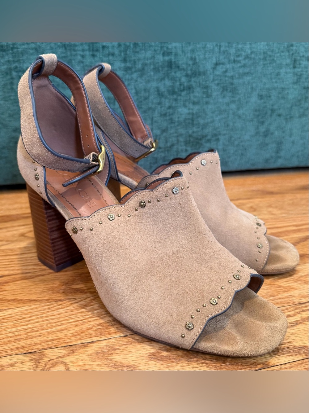 COACH Marnie Embellished Tan Suede Ankle Strap Block Heel Sandals Size 9.5